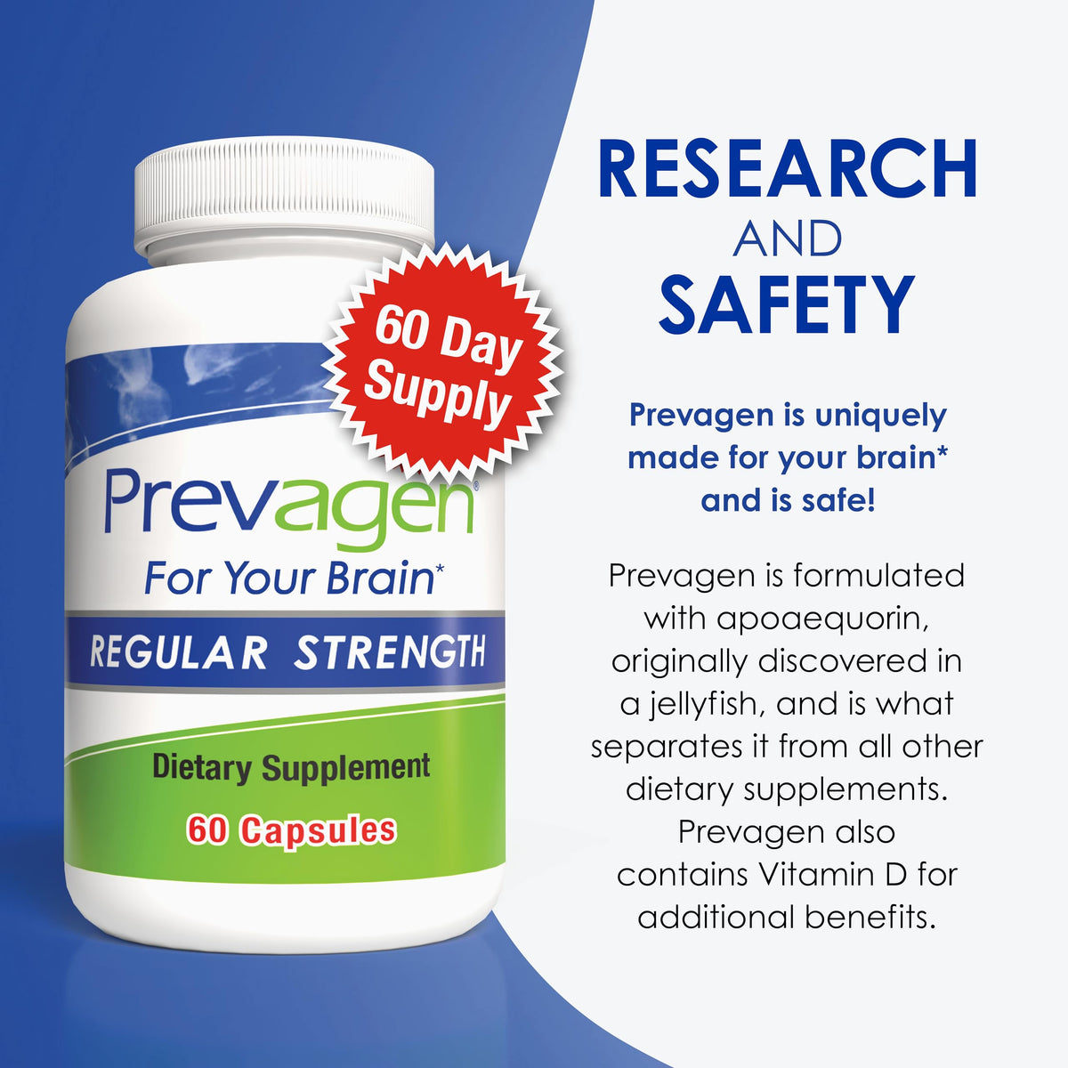 Prevagen Concentración Regular - 60 Cápsulas (Suministro para 2 meses) | Apoecorina 10 mg + Vitamina D3