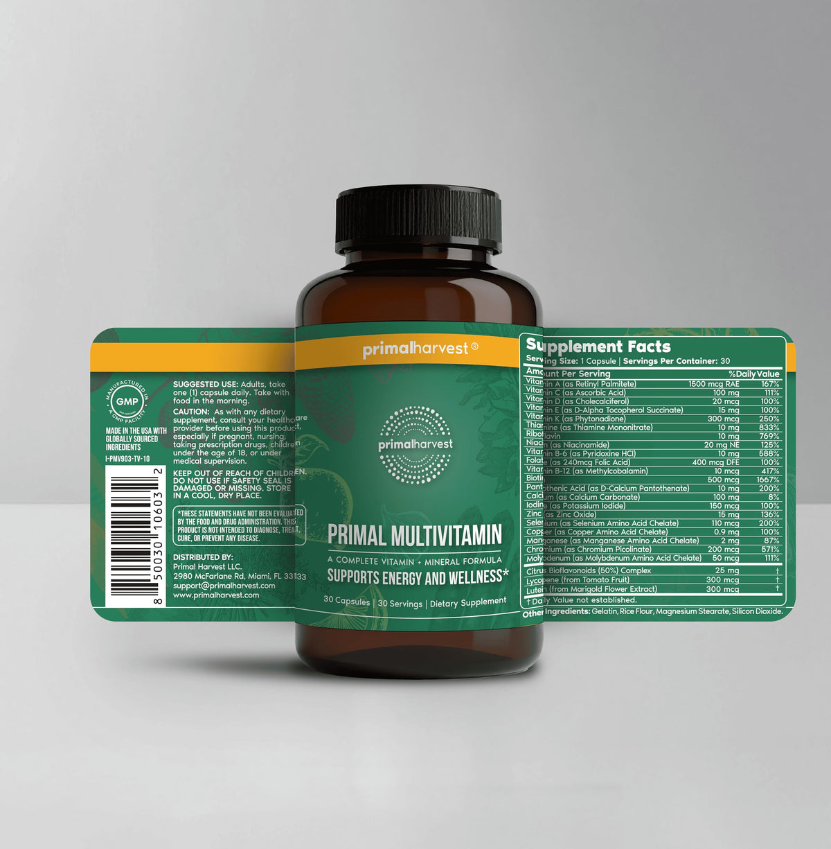 Primal Harvest Primal Multivitamin – 21 nutrientes esenciales, paquete de 2 (30 unidades)