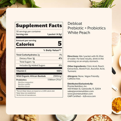 ProMix Nutrition Debloat: Prebiotics & Probiotics for Bloating Relief (White Peach) - 30 Servings - Calm Era