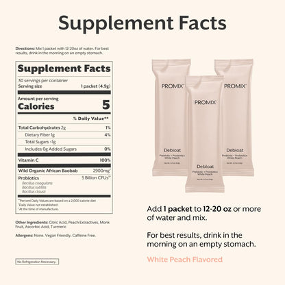 ProMix Nutrition Debloat: Prebiotics & Probiotics for Bloating Relief (White Peach) - 30 Servings - Calm Era