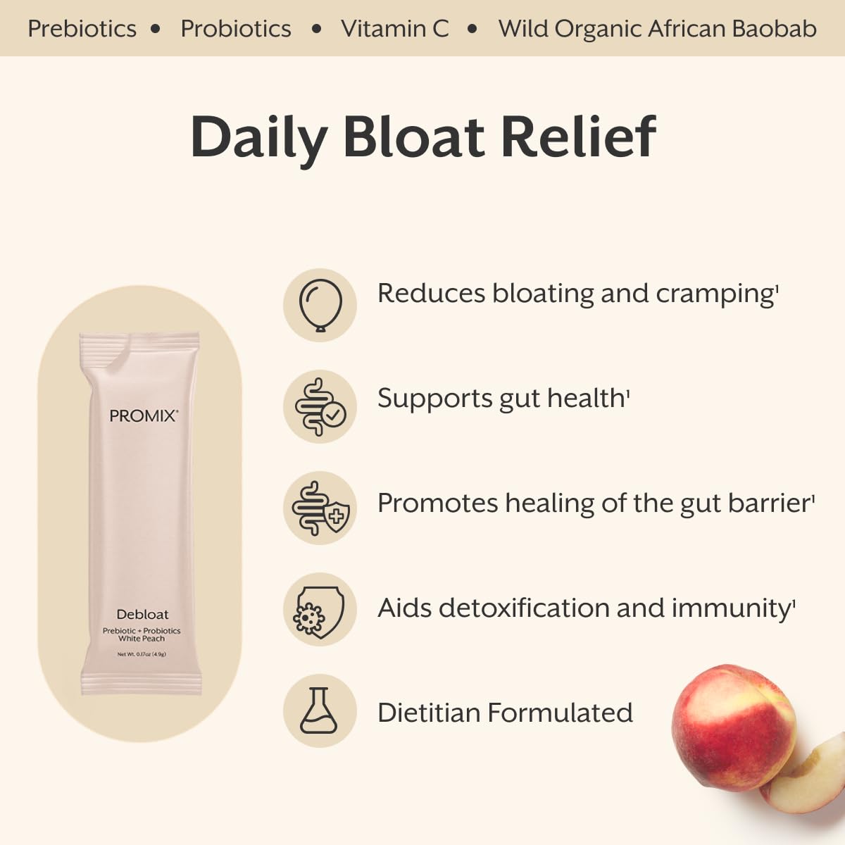 ProMix Nutrition Debloat: Prebiotics & Probiotics for Bloating Relief (White Peach) - 30 Servings - Calm Era
