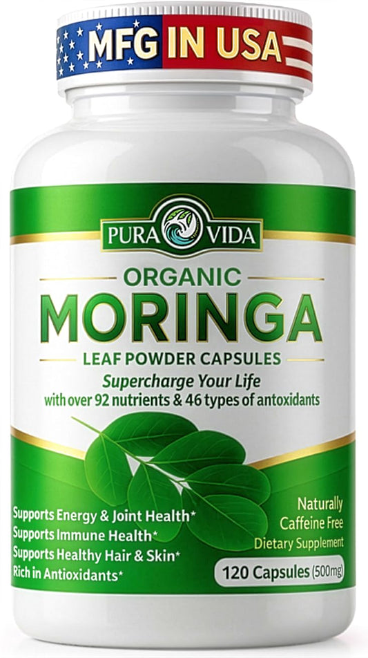 Pura Vida Cápsulas Orgánicas de Moringa 500mg | 120unidades Origen Único