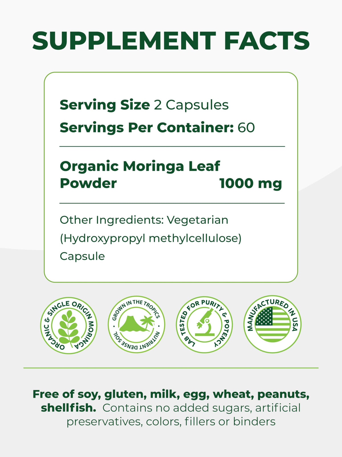 Pura Vida Cápsulas Orgánicas de Moringa 500mg | 120unidades Origen Único