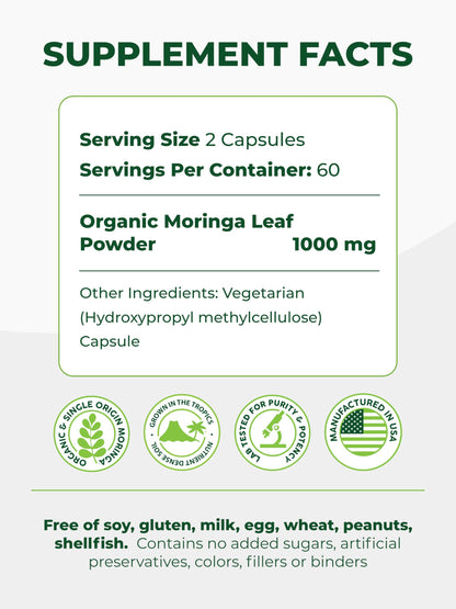 Pura Vida Cápsulas Orgánicas de Moringa 500mg | 120unidades Origen Único