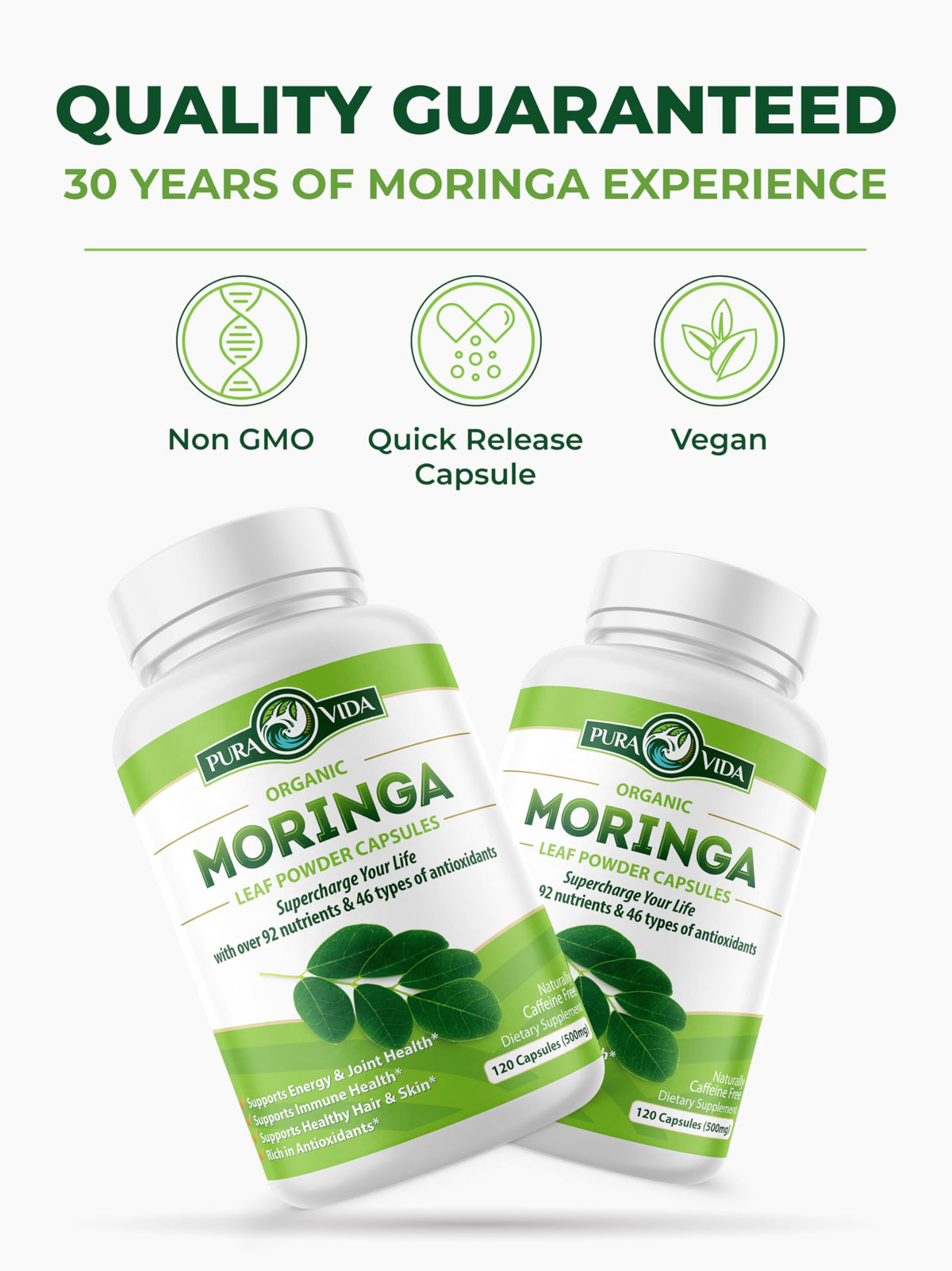 Pura Vida Cápsulas Orgánicas de Moringa 500mg | 120unidades Origen Único
