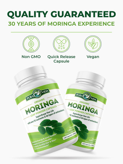 Pura Vida Cápsulas Orgánicas de Moringa 500mg | 120unidades Origen Único