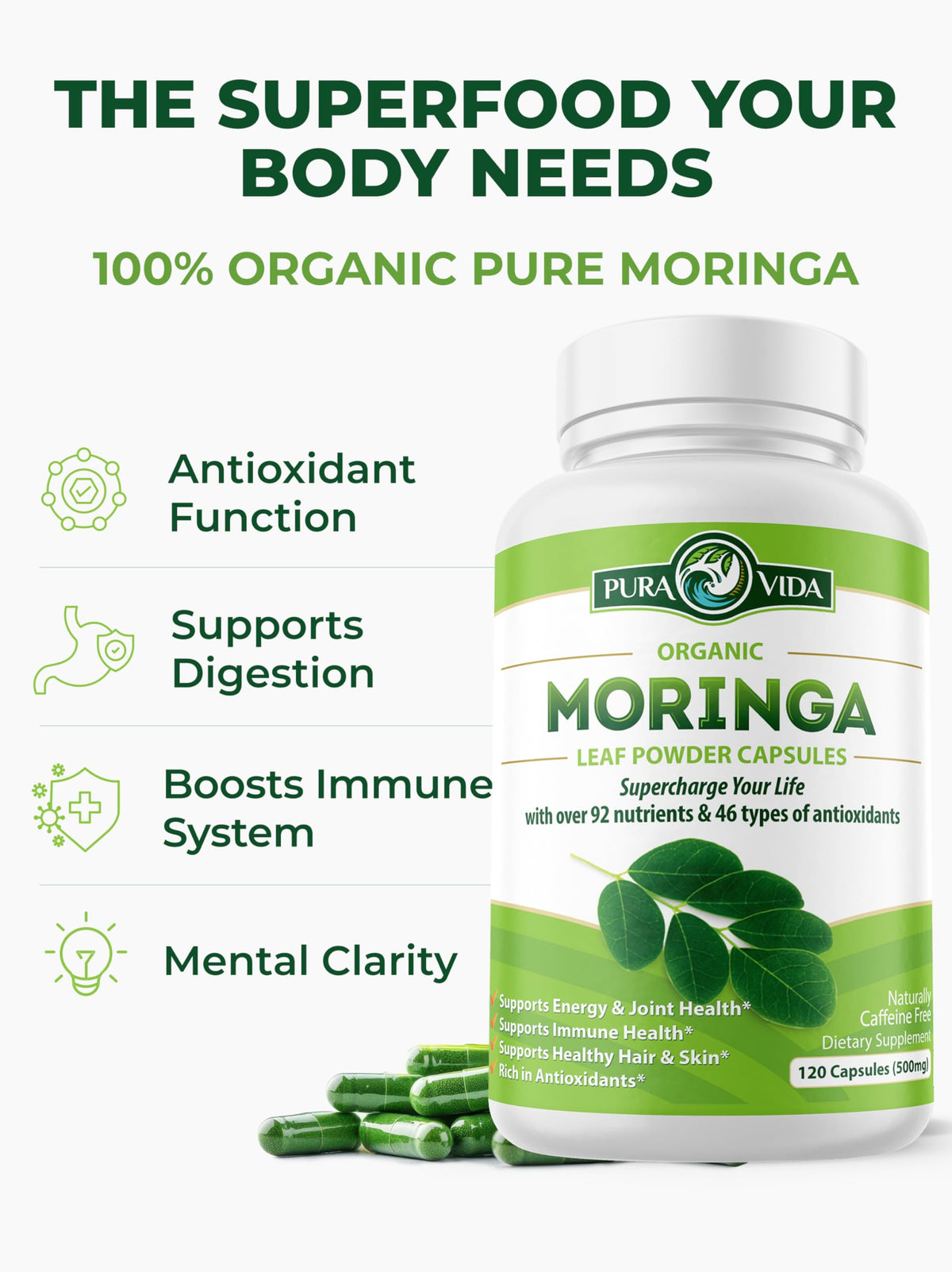 Pura Vida Cápsulas Orgánicas de Moringa 500mg | 120unidades Origen Único