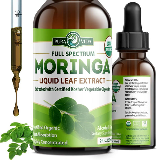 Pura Vida Moringa liquid leaf extract bottle with dropper on a white background