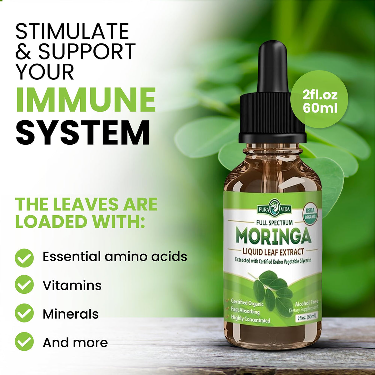 Pura Vida Gotas Líquidas de Extracto de Hoja de Moringa | Orgánico Certificado USDA Biodisponible