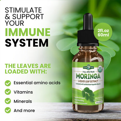 Pura Vida Gotas Líquidas de Extracto de Hoja de Moringa | Orgánico Certificado USDA Biodisponible