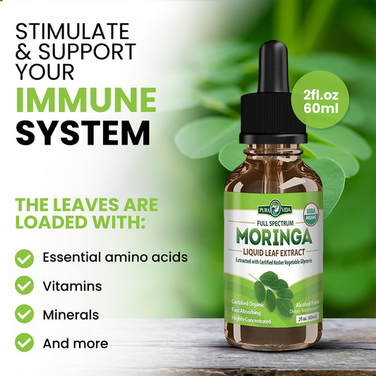 Pura Vida Gotas Líquidas de Extracto de Hoja de Moringa | Orgánico Certificado USDA Biodisponible