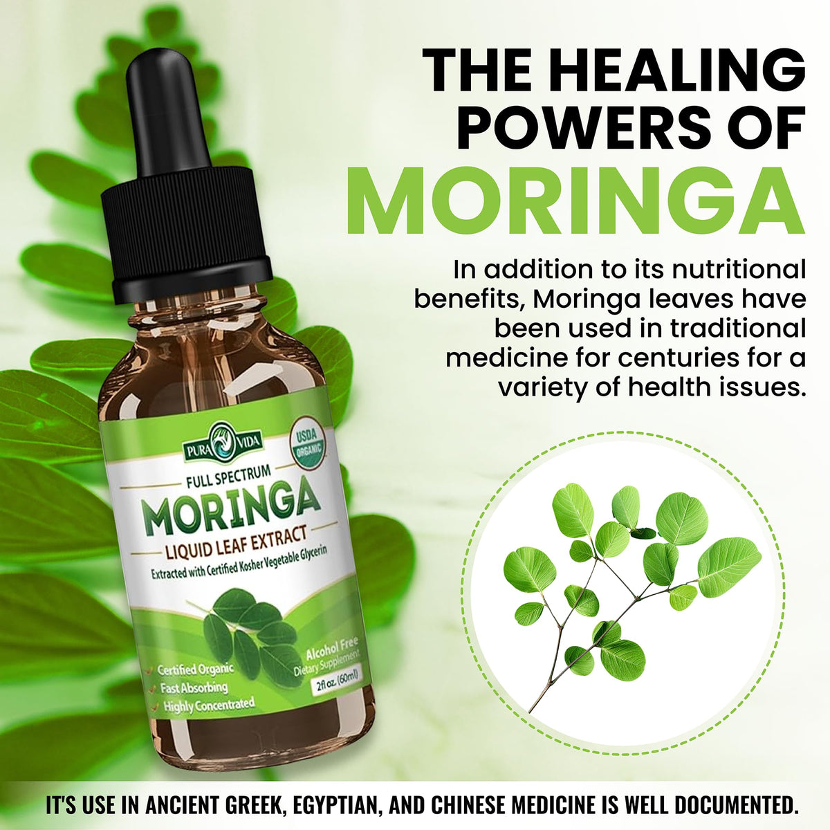 Pura Vida Gotas Líquidas de Extracto de Hoja de Moringa | Orgánico Certificado USDA Biodisponible