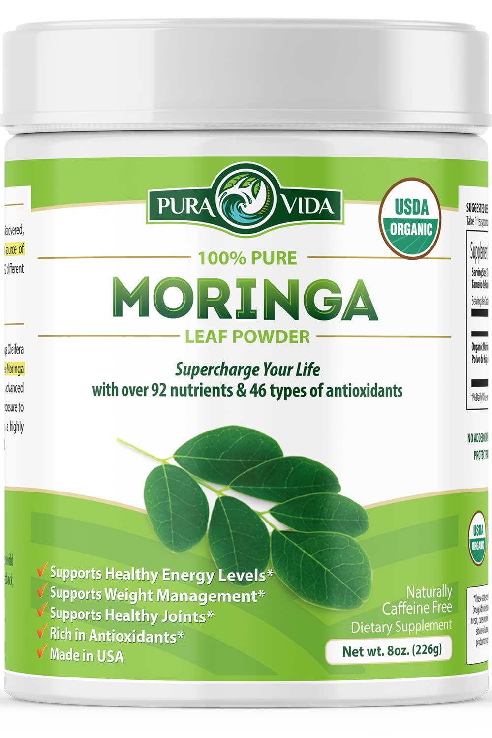 Pura Vida Organic Moringa en Polvo 8oz | Un Solo Origen Orgánico USDA