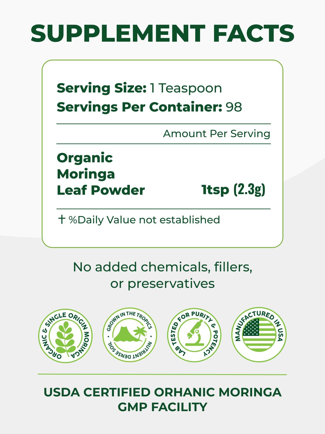 Pura Vida Organic Moringa en Polvo 8oz | Un Solo Origen Orgánico USDA