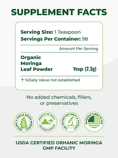 Pura Vida Organic Moringa en Polvo 8oz | Un Solo Origen Orgánico USDA