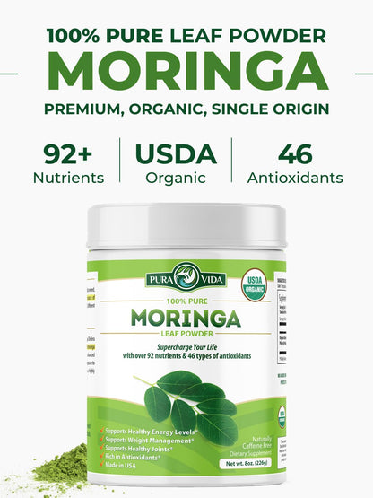 Pura Vida Organic Moringa en Polvo 8oz | Un Solo Origen Orgánico USDA