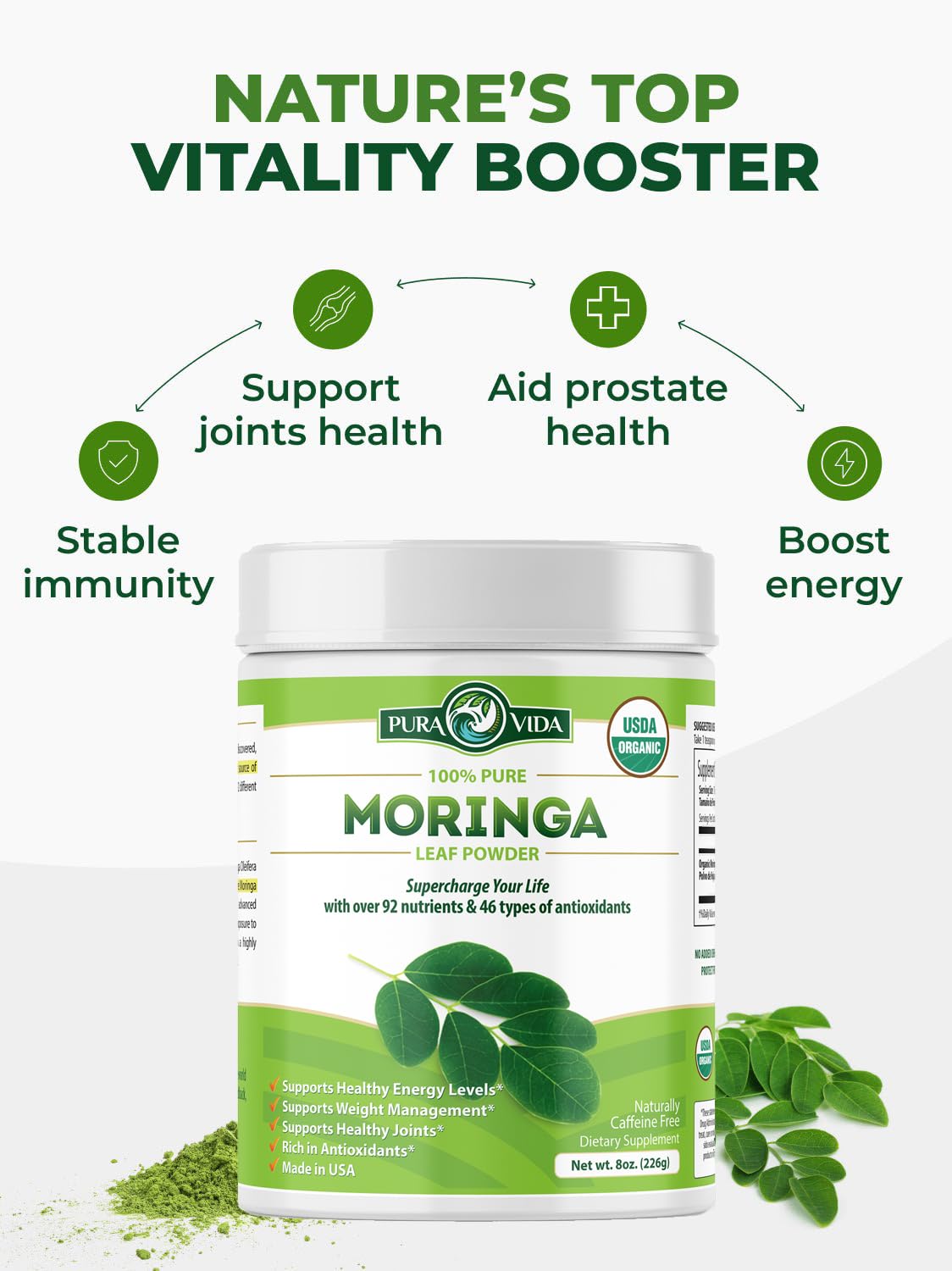 Pura Vida Organic Moringa en Polvo 8oz | Un Solo Origen Orgánico USDA