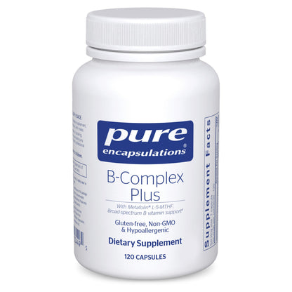 White bottle of Pure Encapsulations B-Complex Plus dietary supplement on a white background