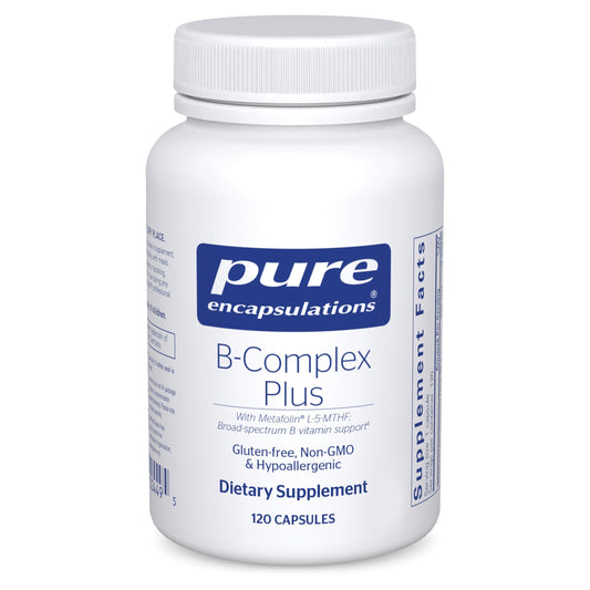 White bottle of Pure Encapsulations B-Complex Plus dietary supplement on a white background