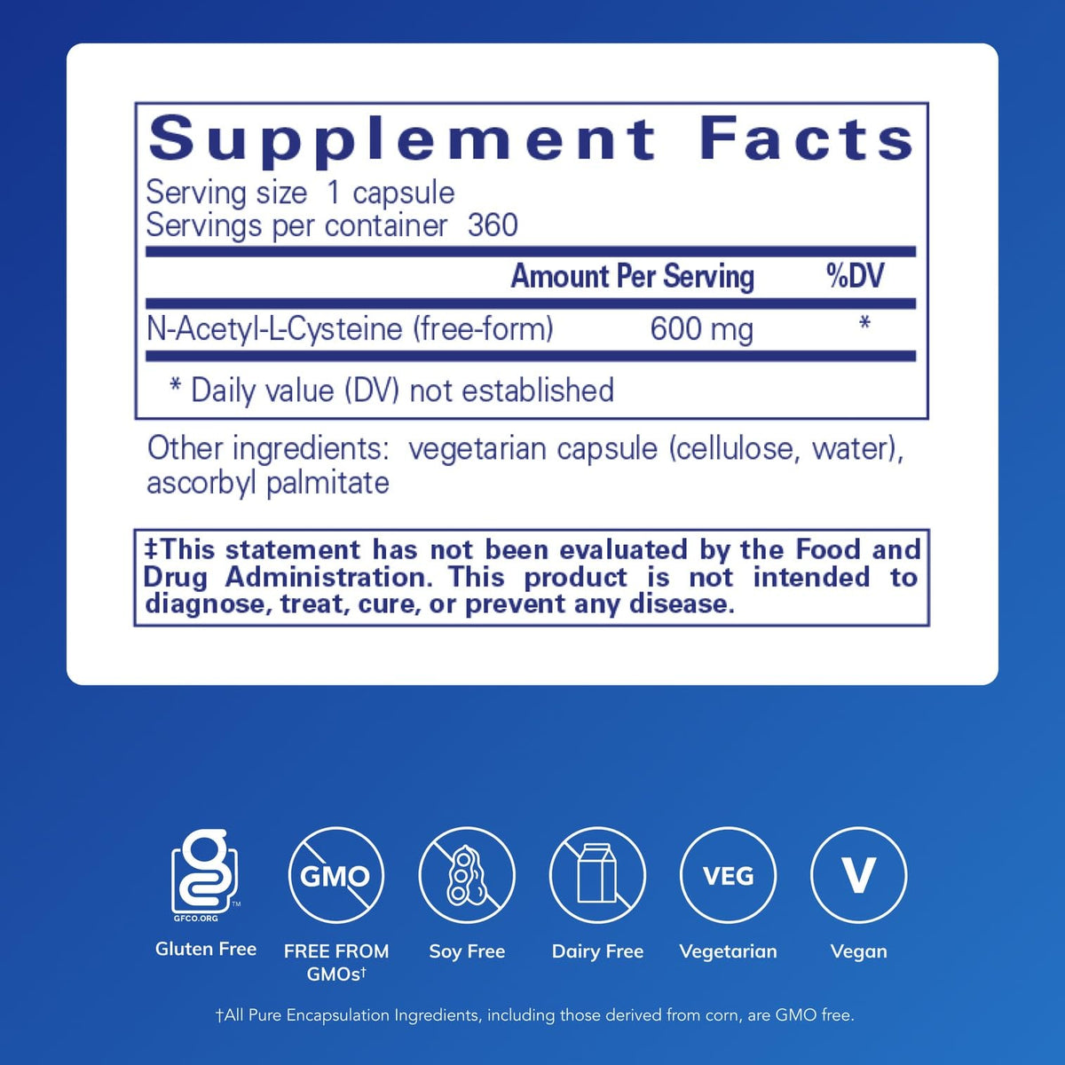 Pure Encapsulations NAC 600 mg – Suplemento de N-acetilcisteína para la salud pulmonar, apoyo inmunológico, salud hepática y antioxidantes* (N-acetil-L-cisteína en forma libre) – 360 cápsulas