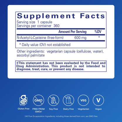 Pure Encapsulations NAC 600 mg – Suplemento de N-acetilcisteína para la salud pulmonar, apoyo inmunológico, salud hepática y antioxidantes* (N-acetil-L-cisteína en forma libre) – 360 cápsulas