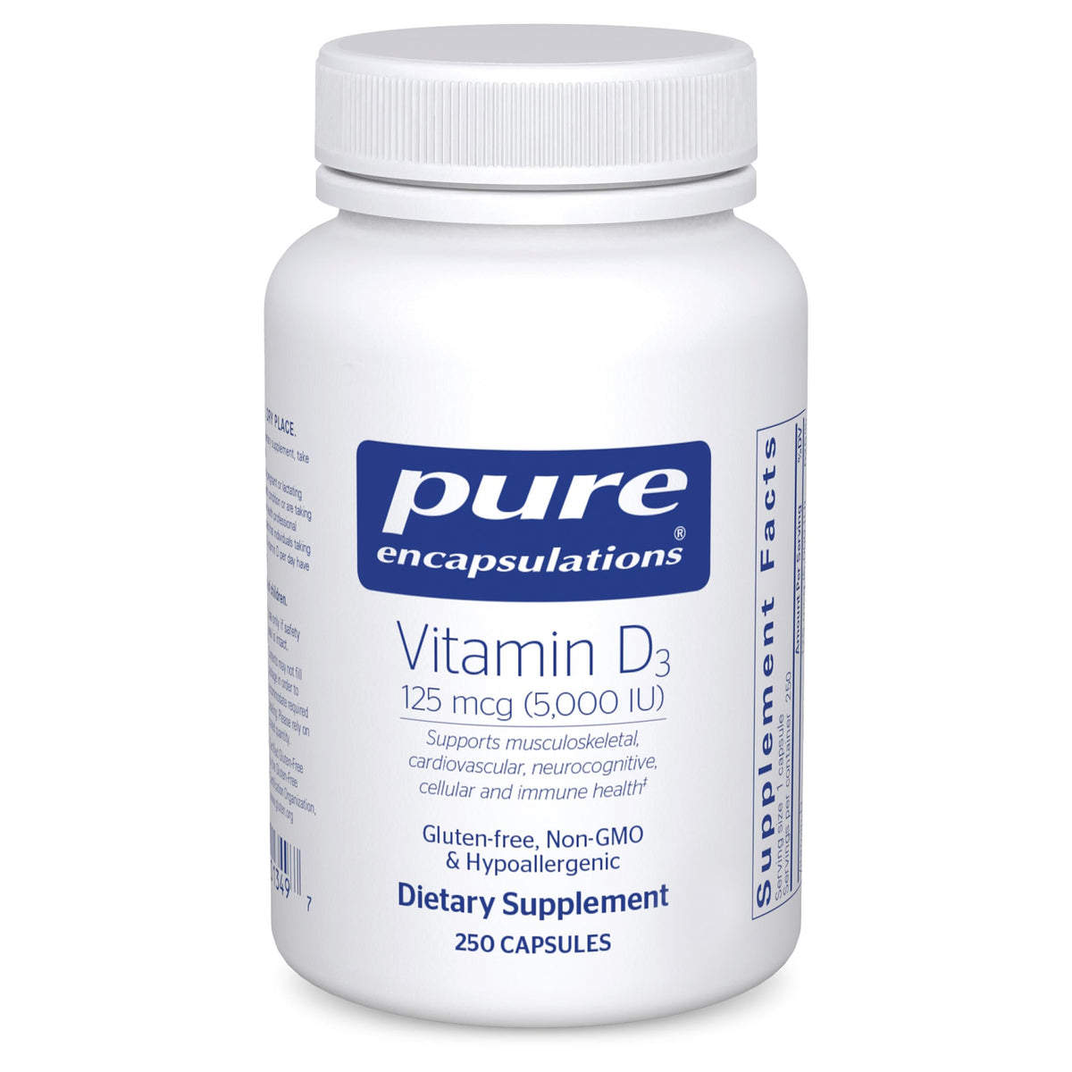 Pure Encapsulations Vitamina D3 5000UI 250 Cápsulas | Hipoalergénico