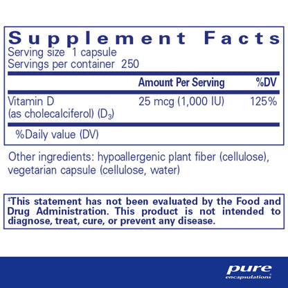 Pure Encapsulations Vitamin D3 25 mcg (1,000 IU) – Supports Bone, Immune, Heart & Colon Health | 250 Capsules - Calm Era