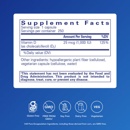 Pure Encapsulations Vitamin D3 25 mcg (1,000 IU) – Supports Bone, Immune, Heart & Colon Health | 250 Capsules - Calm Era