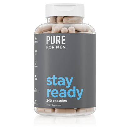 Supplement bottle labeled 'Pure for Men stay ready' on a white background