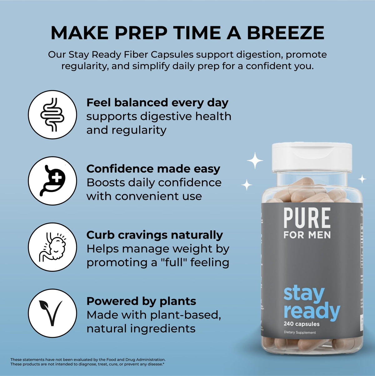 Pure for Men Suplemento de fibra Stay Ready — 240 cápsulas veganas