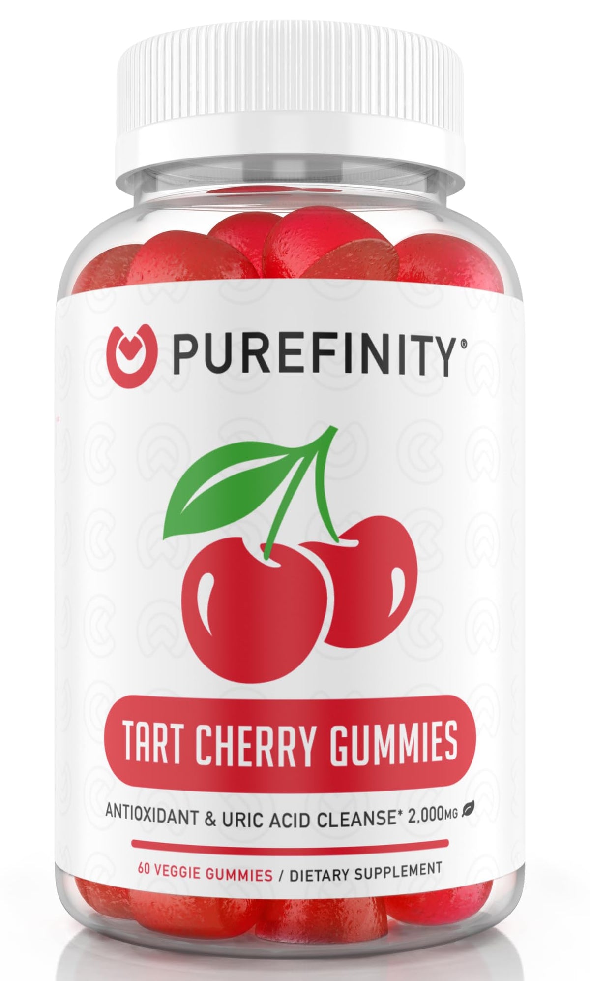 Bottle of Purefinity Tart Cherry Gummies on a white background