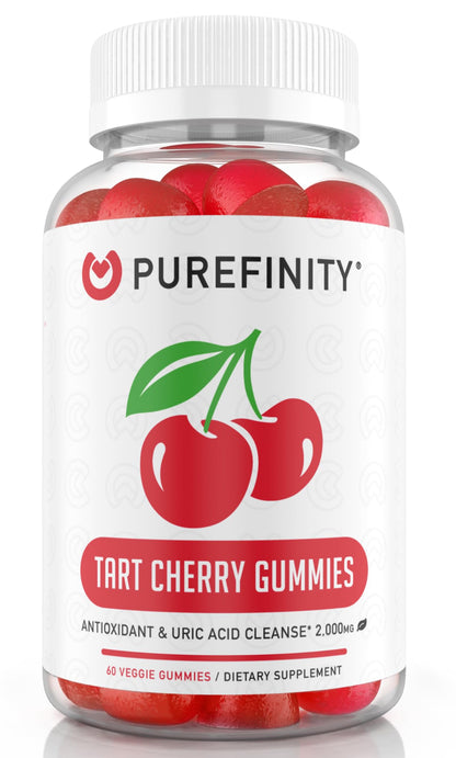Bottle of Purefinity Tart Cherry Gummies on a white background
