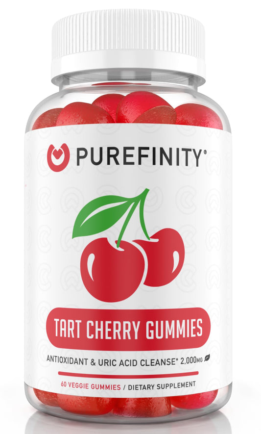 Bottle of Purefinity Tart Cherry Gummies on a white background