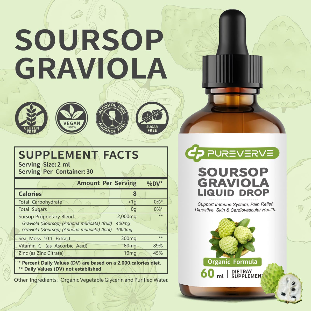 Purever Soursop Graviola Liquid Drops — Liver, Immune & Gut Support, 2fl oz - Calm Era