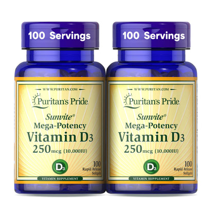 Puritan’s Pride Vitamin D3 10,000 IU Softgels, 2-Pack