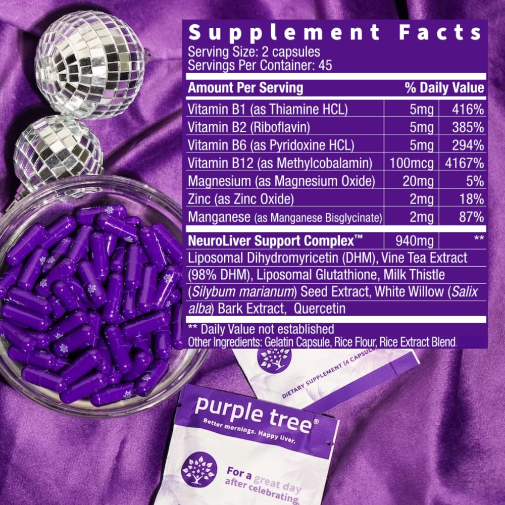 Purple Tree Post-Celebration Wellness Supplement | Liposomal DHM & Glutathione | 90 Pills - Calm Era