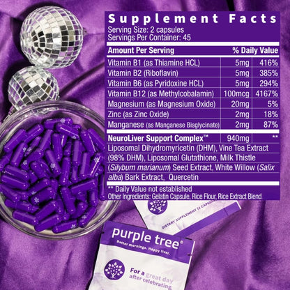 Purple Tree Post-Celebration Wellness Supplement | Liposomal DHM & Glutathione | 90 Pills - Calm Era