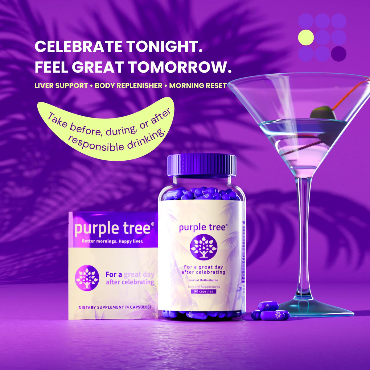 Purple Tree Post-Celebration Wellness Supplement | Liposomal DHM & Glutathione | 90 Pills - Calm Era