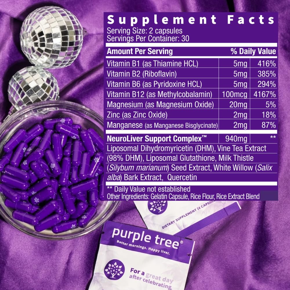 Purple Tree Post-Celebration Wellness Supplement | Liposomal DHM, Glutathione & Milk Thistle for Liver Support | 60 Capsules - Calm Era