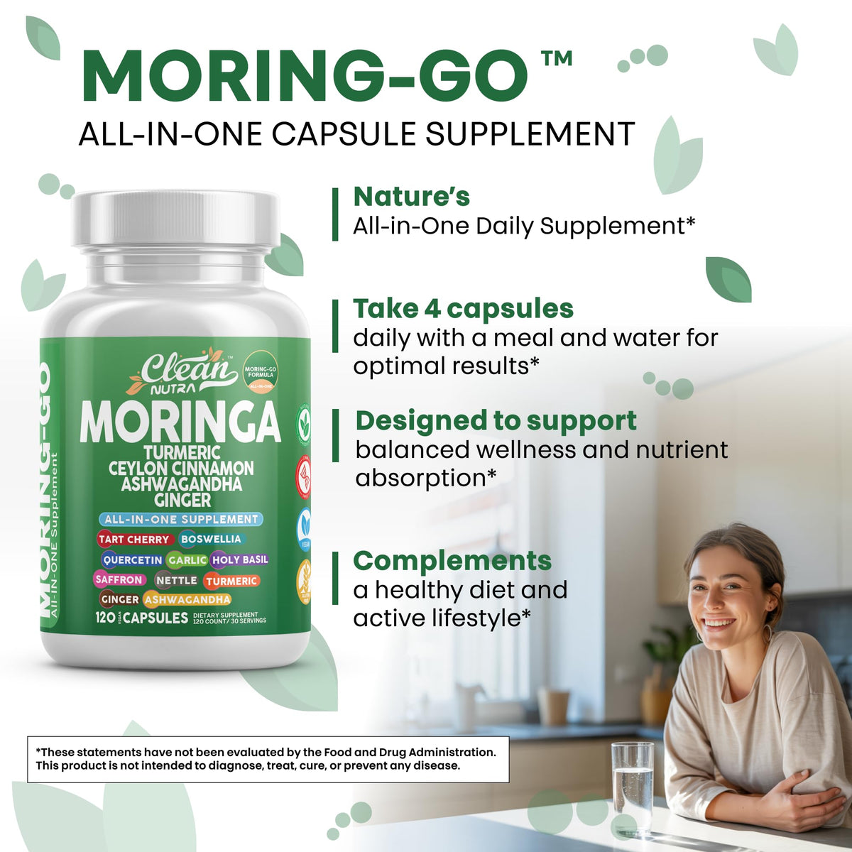 Clean Nutra Moring-Go Cápsulas de Moringa y Cúrcuma 13 en 1