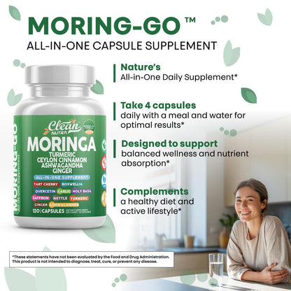 Clean Nutra Moring-Go Cápsulas de Moringa y Cúrcuma 13 en 1