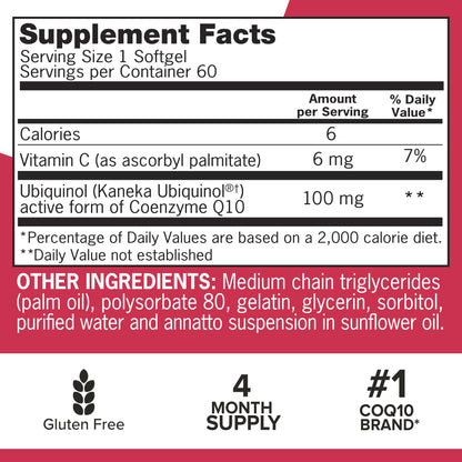 Qunol Mega Ubiquinol CoQ10 100mg – Absorción Superior, CoQ10 Soluble en Agua y Grasa | 60 Cápsulas Blandas (Paquete de 2)