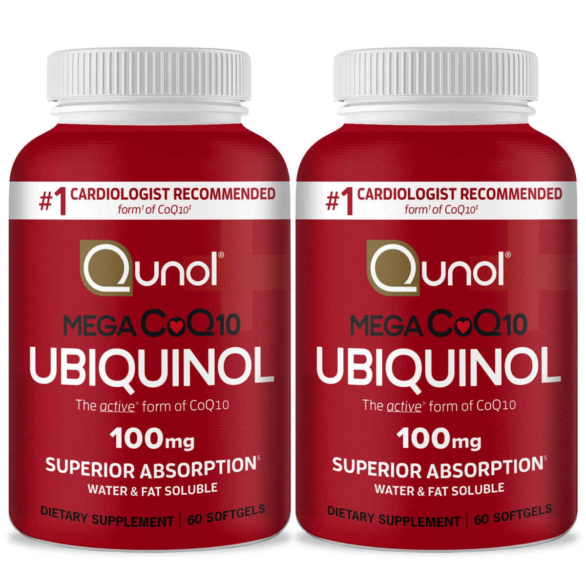 Qunol Mega Ubiquinol CoQ10 100mg – Absorción Superior, CoQ10 Soluble en Agua y Grasa | 60 Cápsulas Blandas (Paquete de 2)