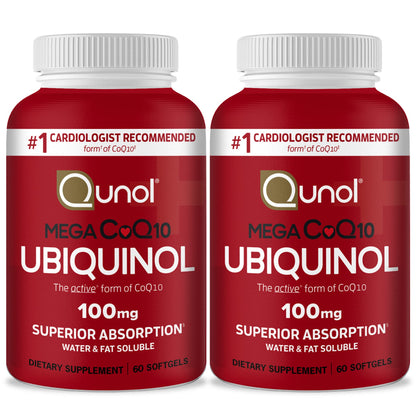 Qunol Mega Ubiquinol CoQ10 100mg – Absorción Superior, CoQ10 Soluble en Agua y Grasa | 60 Cápsulas Blandas (Paquete de 2)