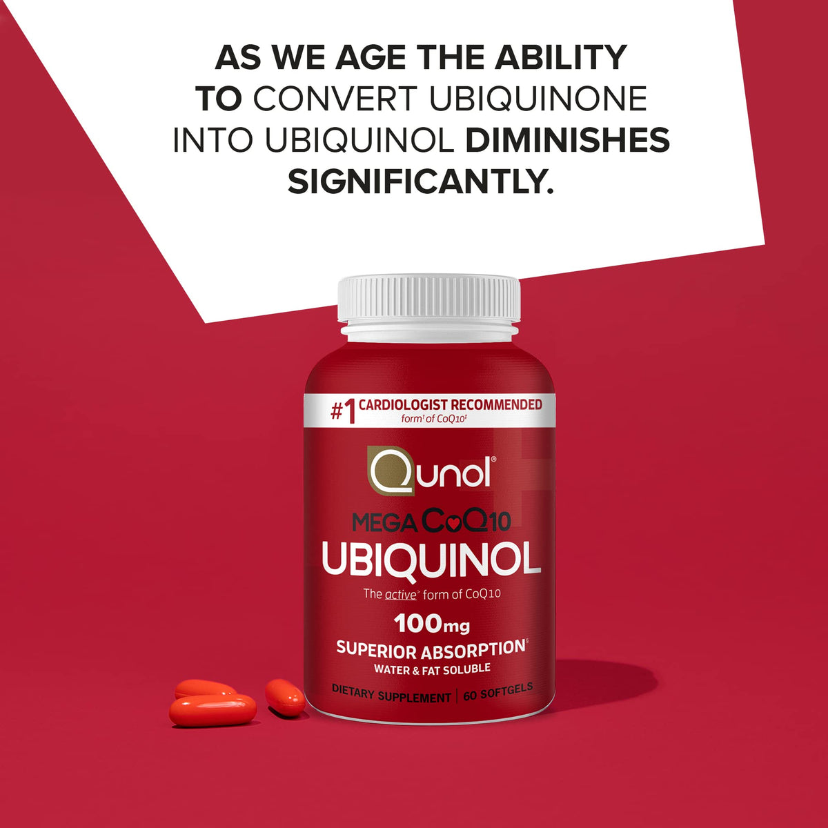 Qunol Mega Ubiquinol CoQ10 100mg – Absorción Superior, CoQ10 Soluble en Agua y Grasa | 60 Cápsulas Blandas (Paquete de 2)