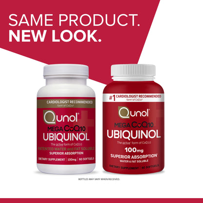 Qunol Mega Ubiquinol CoQ10 100mg – Absorción Superior, CoQ10 Soluble en Agua y Grasa | 60 Cápsulas Blandas (Paquete de 2)