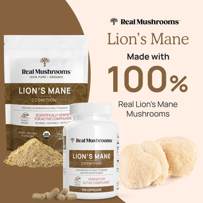 Real Mushrooms Lion's Mane Cápsulas 300unid | Orgánico USDA Rico en Beta-Glucanos