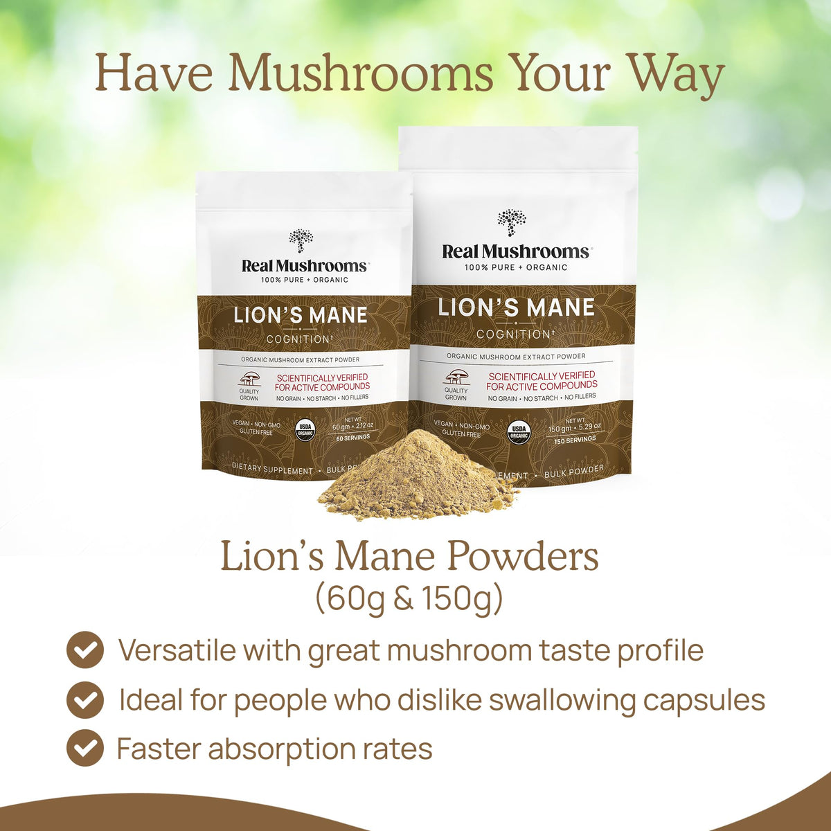 Real Mushrooms Lion's Mane Powder 150 Servings | Organic USDA Certified