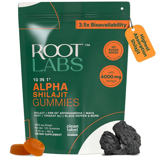 Gomitas de Shilajit Alpha 10 en 1 de ROOT LABS – 4000 mg, veganas y sin azúcar, paquete de 120 unidades