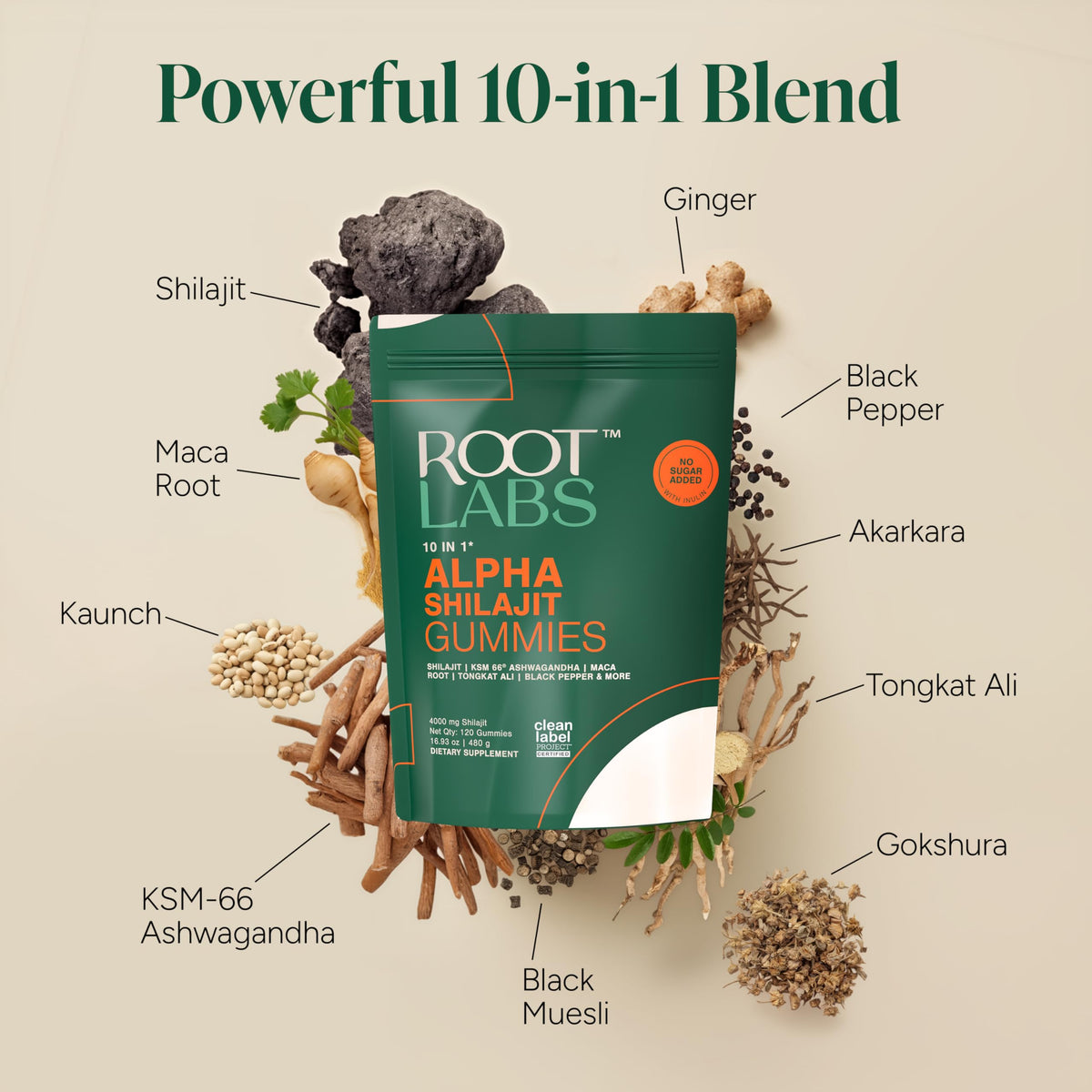 Gomitas de Shilajit Alpha 10 en 1 de ROOT LABS – 4000 mg, veganas y sin azúcar, paquete de 120 unidades